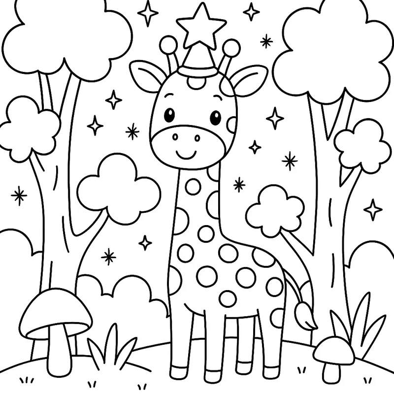 A magical giraffe in a forest Coloring Page
