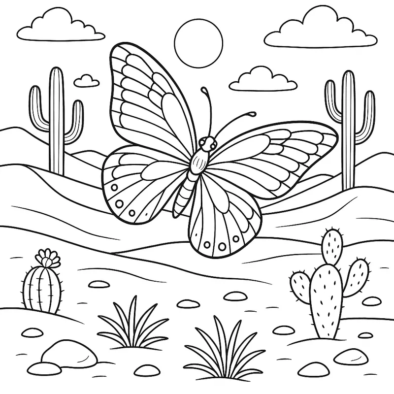A gentle butterfly flying in a desert Coloring Page